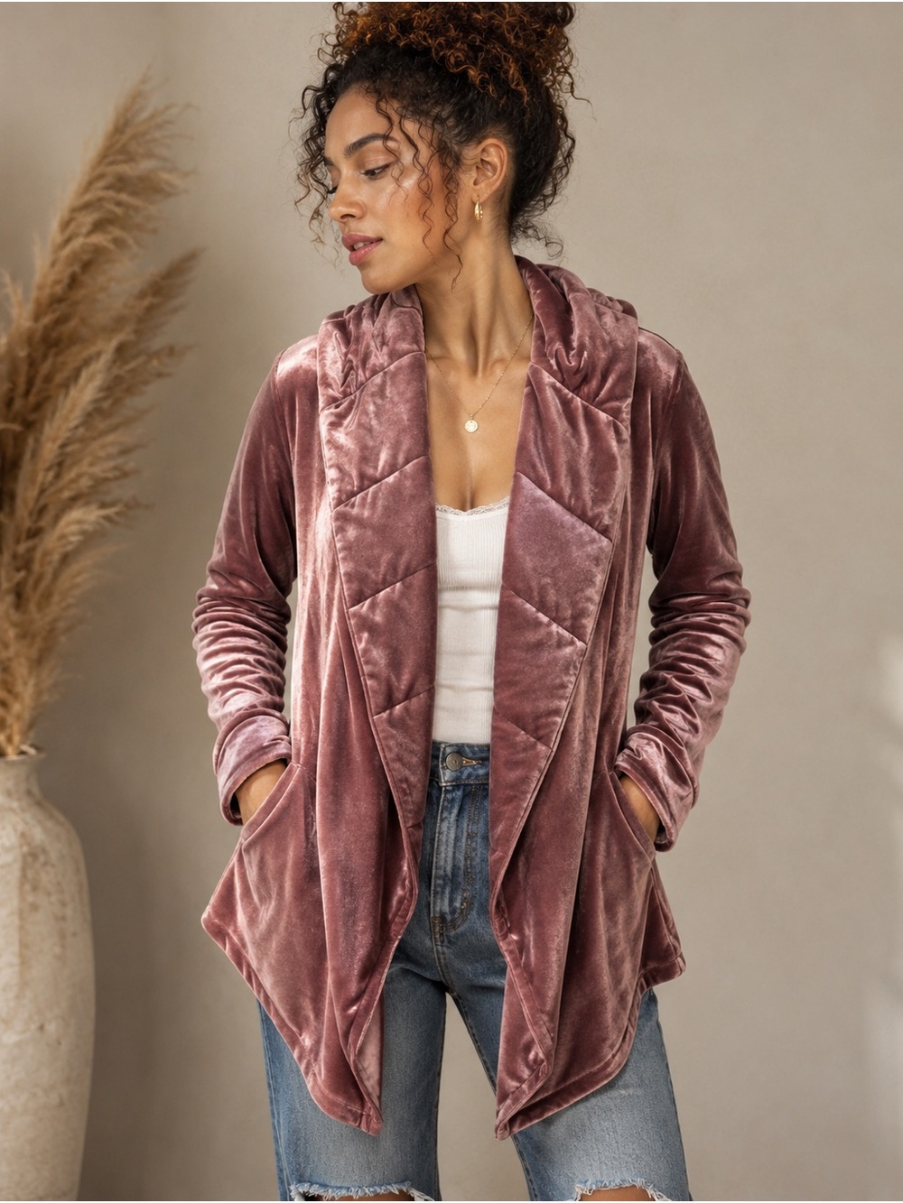 Young Fabulous & Broke Dusty Rose Velvet Quilted Hooded Jacket XS
